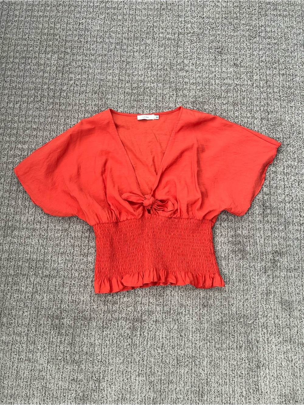 Bright Red-Orange Knot-Front Smocked Waist Blouse